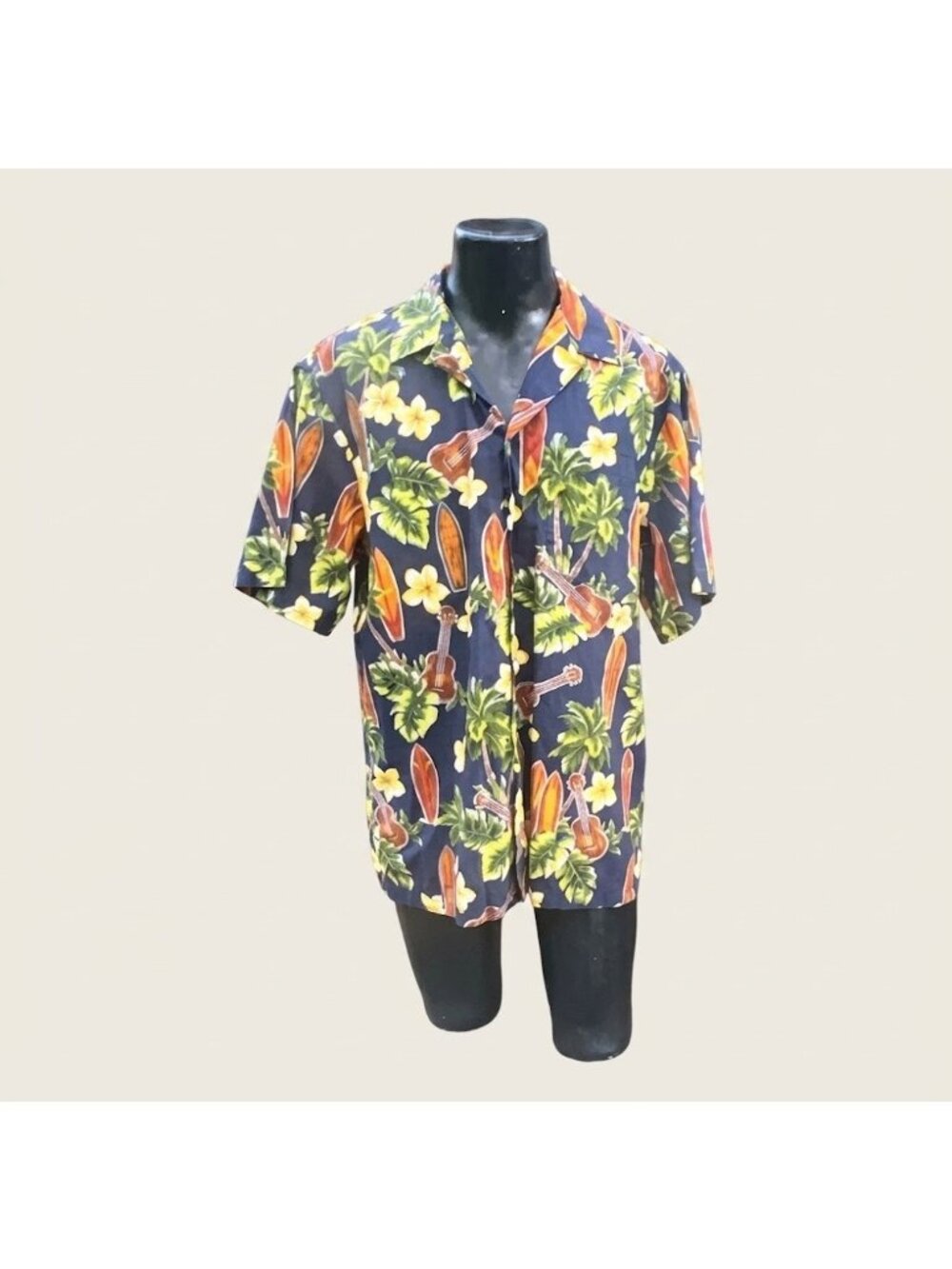 Vintage RJC Made in Hawaii USA Mens XL Navy Surfboards Ukulele Hawaiian Shirt